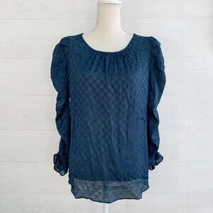 NWT Max Studio - Midnight navy polka dot crinkle ruched sleeve top, M